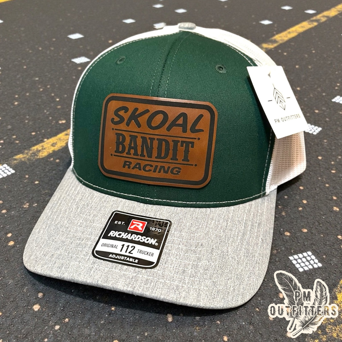 PM Outfitters Skoal Bandit Racing trucker hat green gray white Richardson 112 brown vegan leather patch