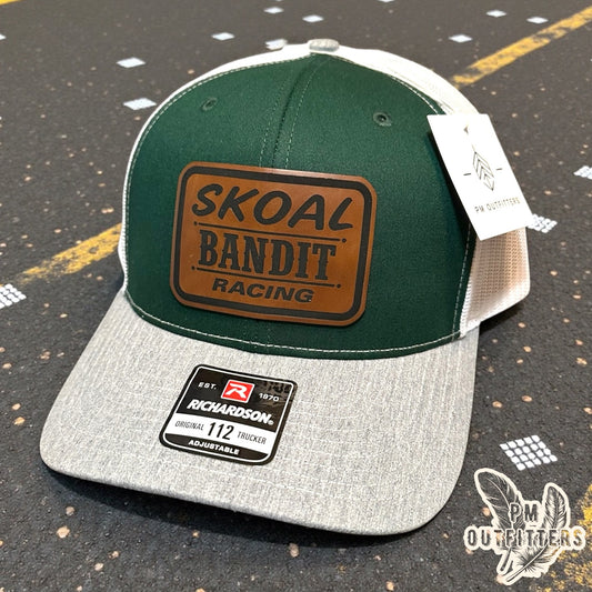 PM Outfitters Skoal Bandit Racing trucker hat green gray white Richardson 112 brown vegan leather patch