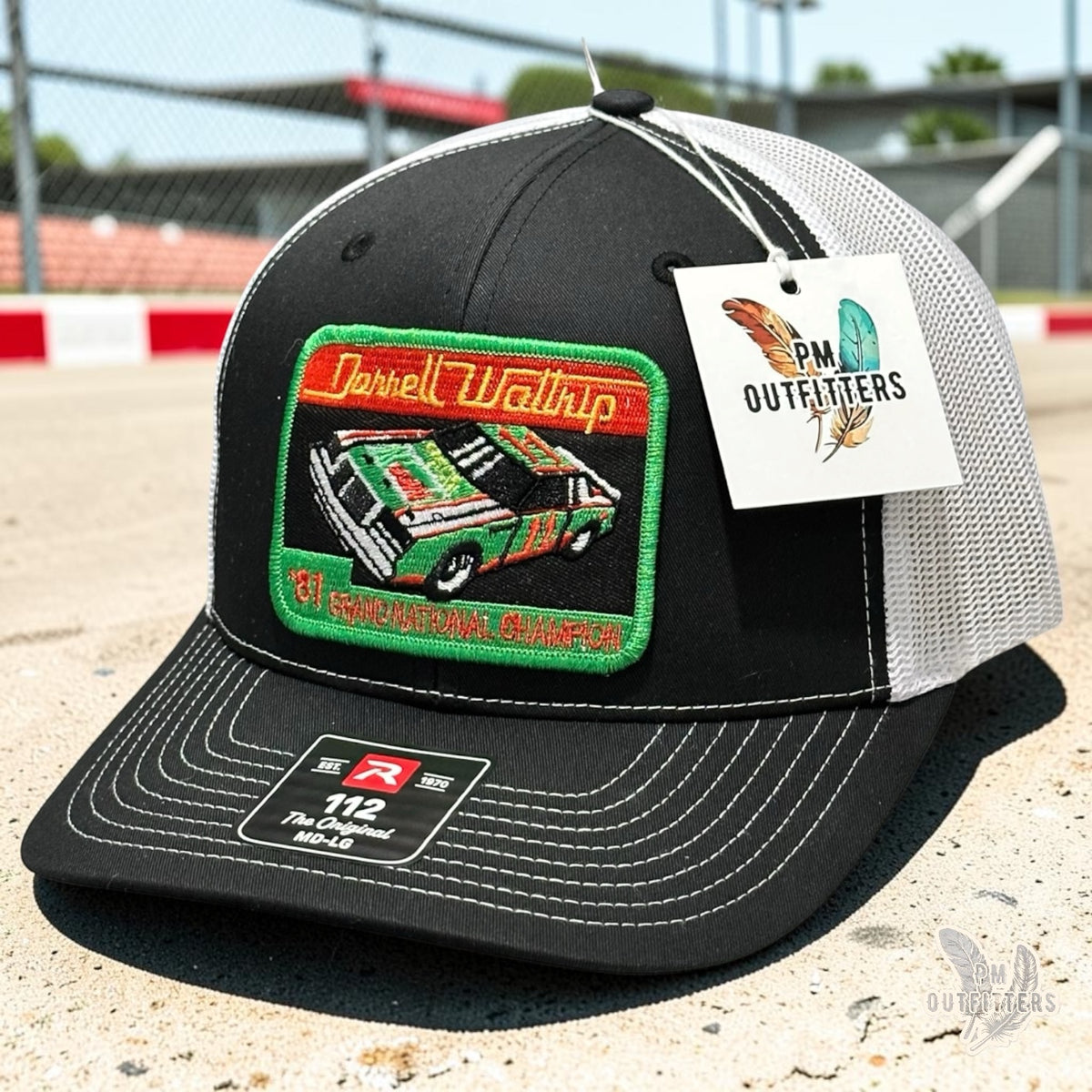 PM Outfitters Darrell Waltrip 81 Grand National Champion trucker hat black white Richardson 112 embroidered patch