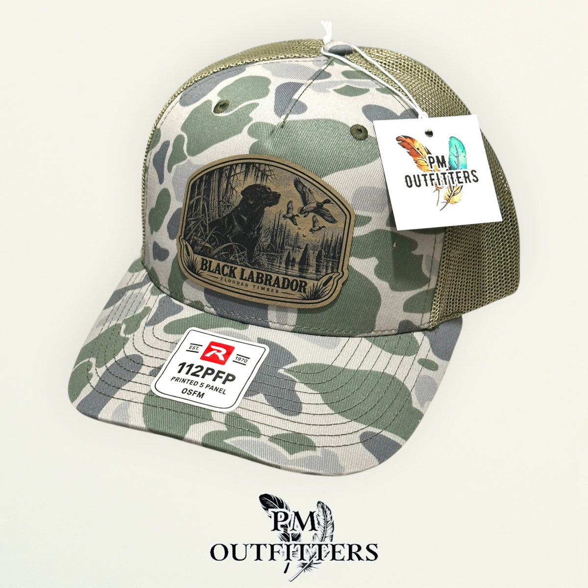 Black Labrador waterfowl hunting hat Richardson 112PFP Marsh camo – angled product view