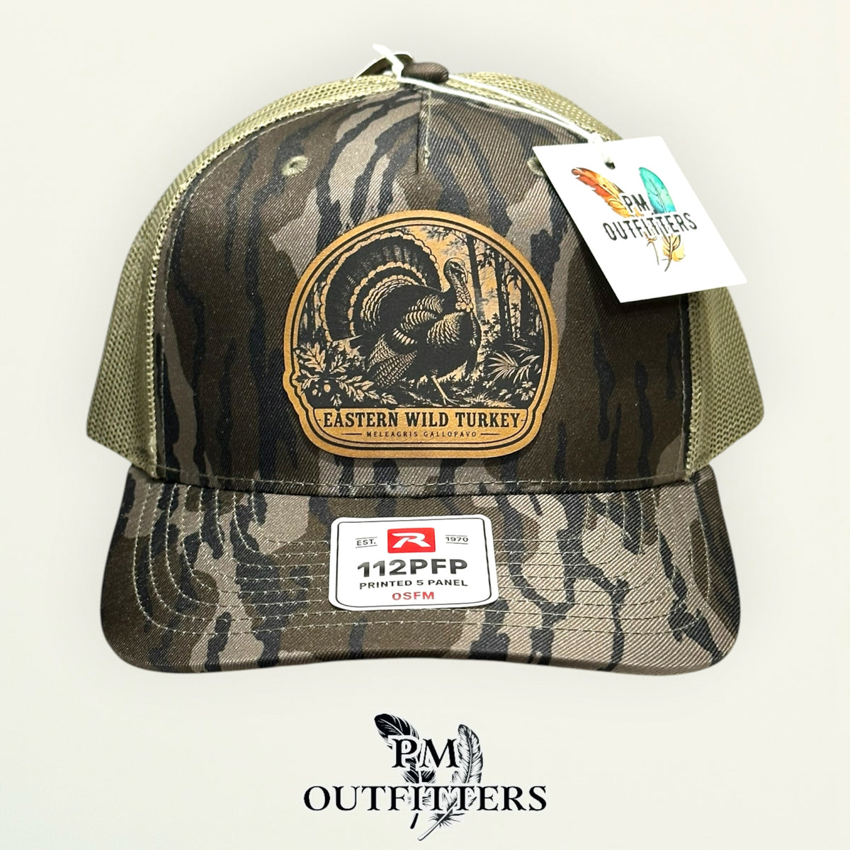 Eastern Wild Turkey species patch Richardson 112PFP Mossy Oak Bottomland hunting hat – straight front view