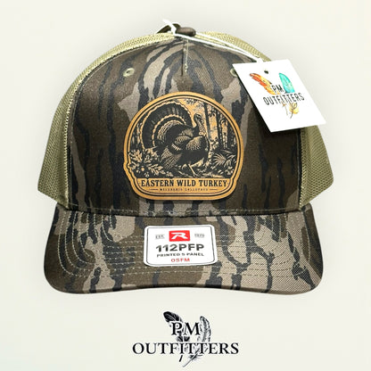 Eastern Wild Turkey species patch Richardson 112PFP Mossy Oak Bottomland hunting hat – straight front view