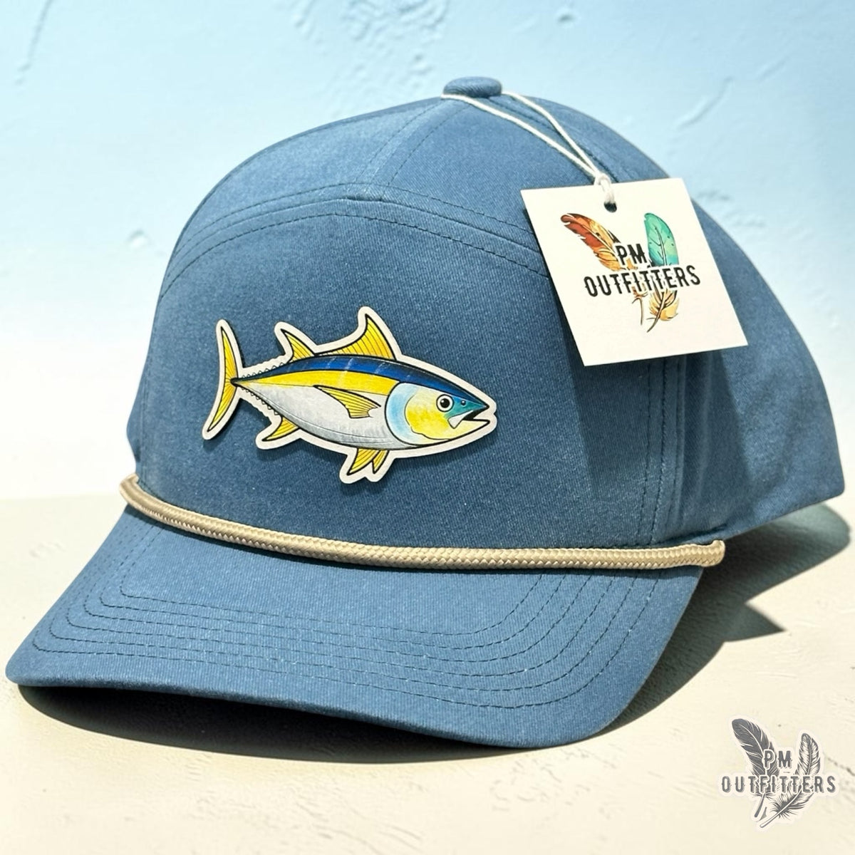 Hand-painted yellowfin tuna patch on Sobro The Seven Dyed Lake Blue Denim rope hat — featured view
