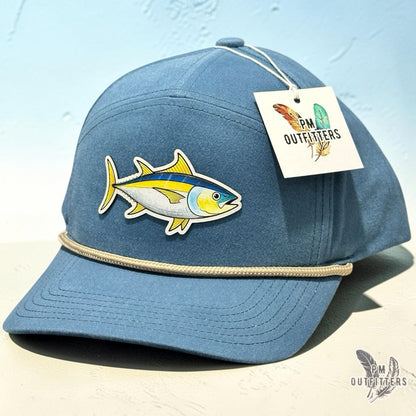 Hand-painted yellowfin tuna patch on Sobro The Seven Dyed Lake Blue Denim rope hat — featured view