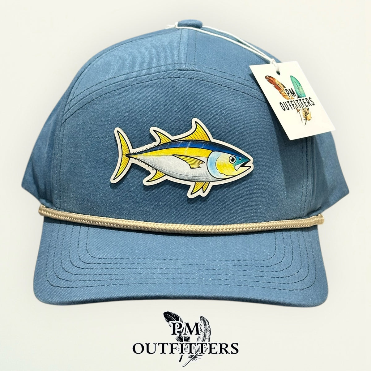 Hand-painted yellowfin tuna patch on Sobro The Seven Dyed Lake Blue Denim rope hat — product view 2