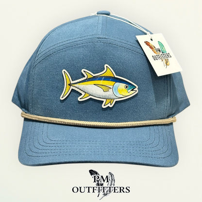 Hand-painted yellowfin tuna patch on Sobro The Seven Dyed Lake Blue Denim rope hat — product view 2