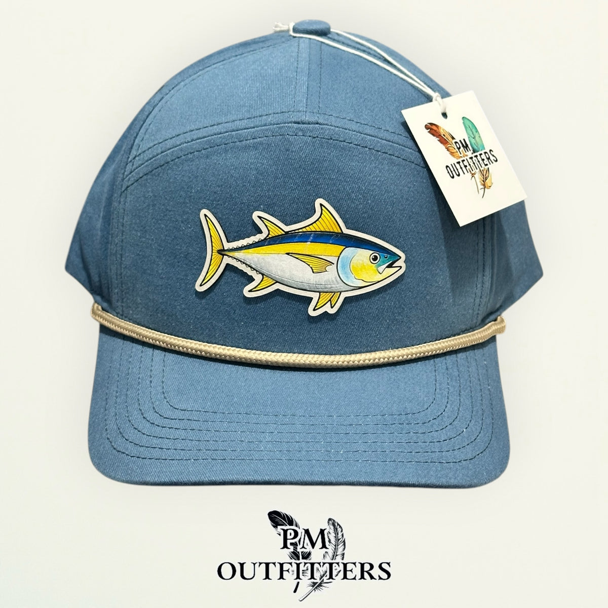 Hand-painted yellowfin tuna patch on Sobro The Seven Dyed Lake Blue Denim rope hat — product view 3