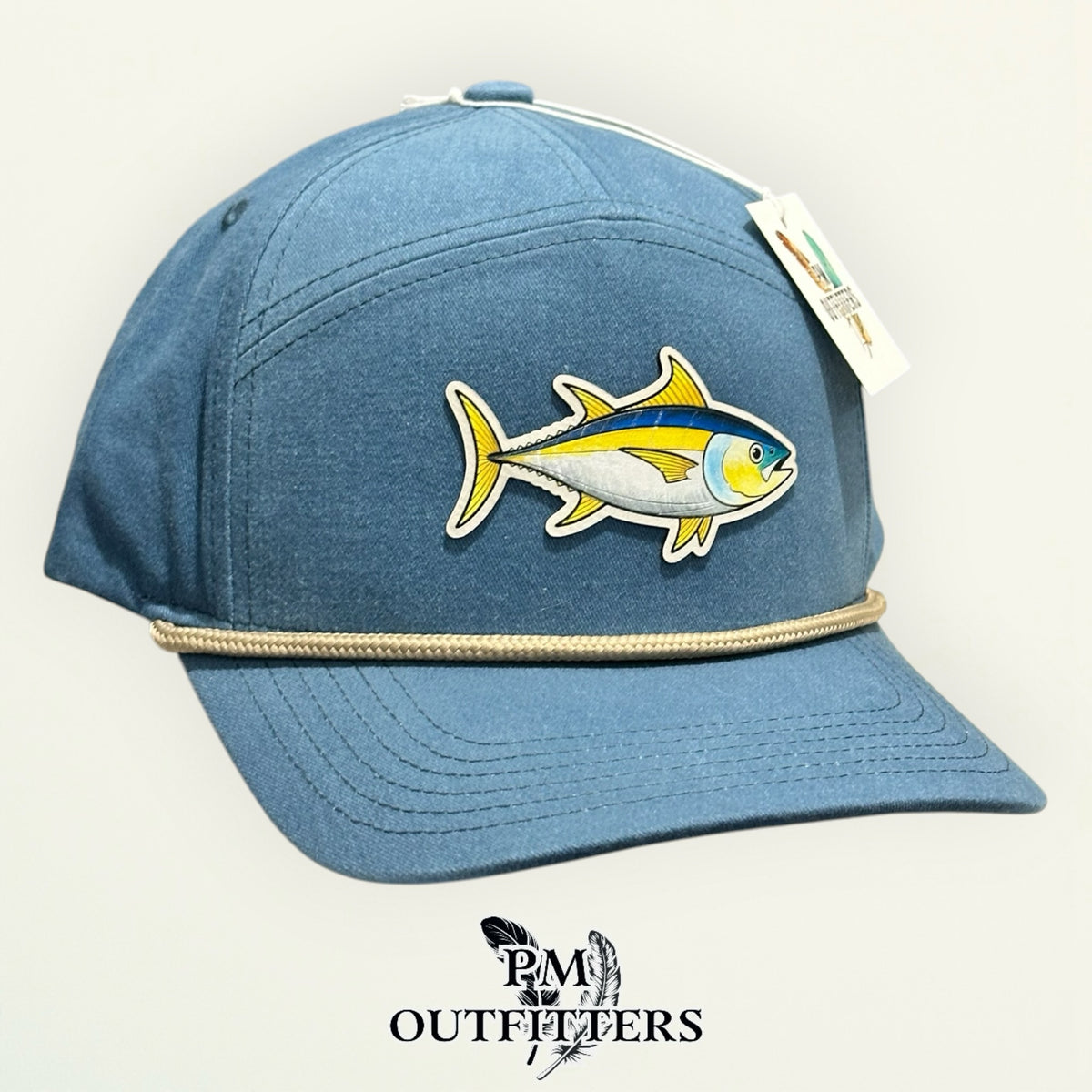 Hand-painted yellowfin tuna patch on Sobro The Seven Dyed Lake Blue Denim rope hat — product view 4
