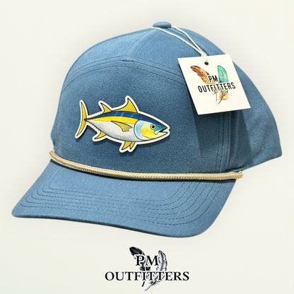 Hand-painted yellowfin tuna patch on Sobro The Seven Dyed Lake Blue Denim rope hat — product view 5