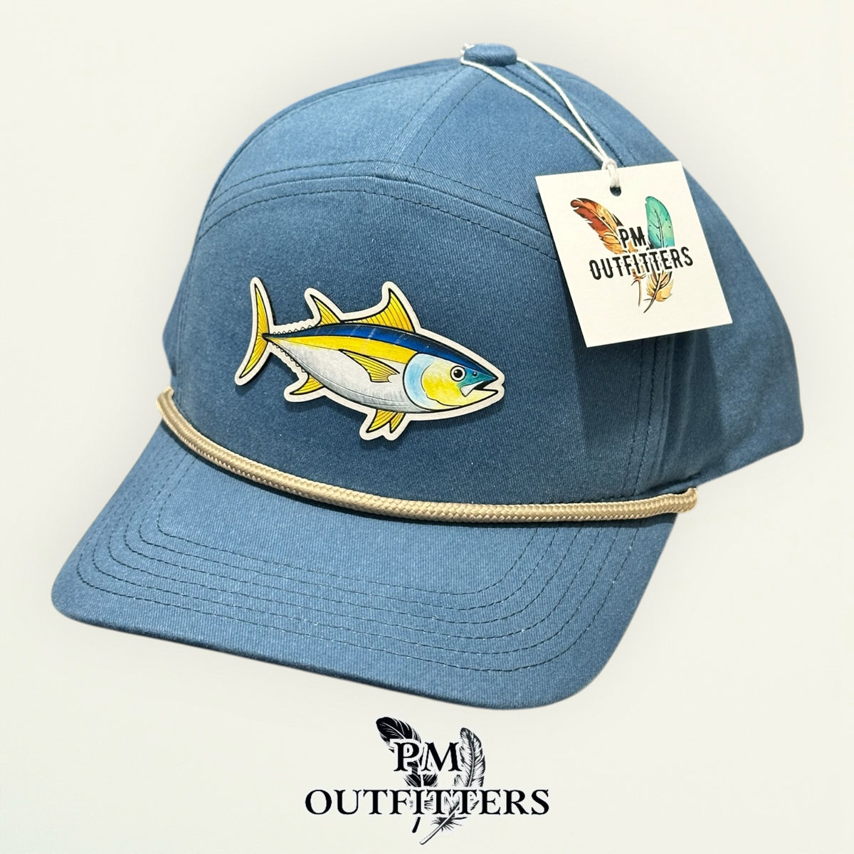 Hand-painted yellowfin tuna patch on Sobro The Seven Dyed Lake Blue Denim rope hat — product view 6