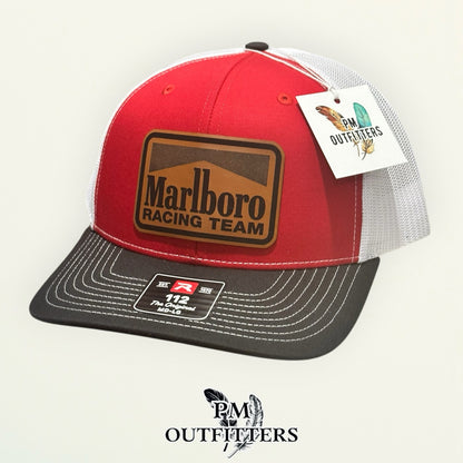 Marlboro Racing Team red black white Richardson 112 trucker hat with tan vegan leather patch, second rotated angle view