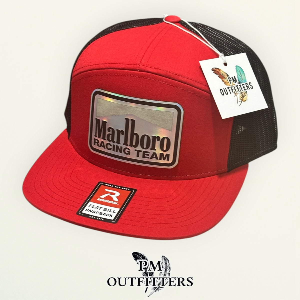 Marlboro Racing Team red black Richardson 168 flat bill hat with holographic vegan leather patch, fifth rotated angle view