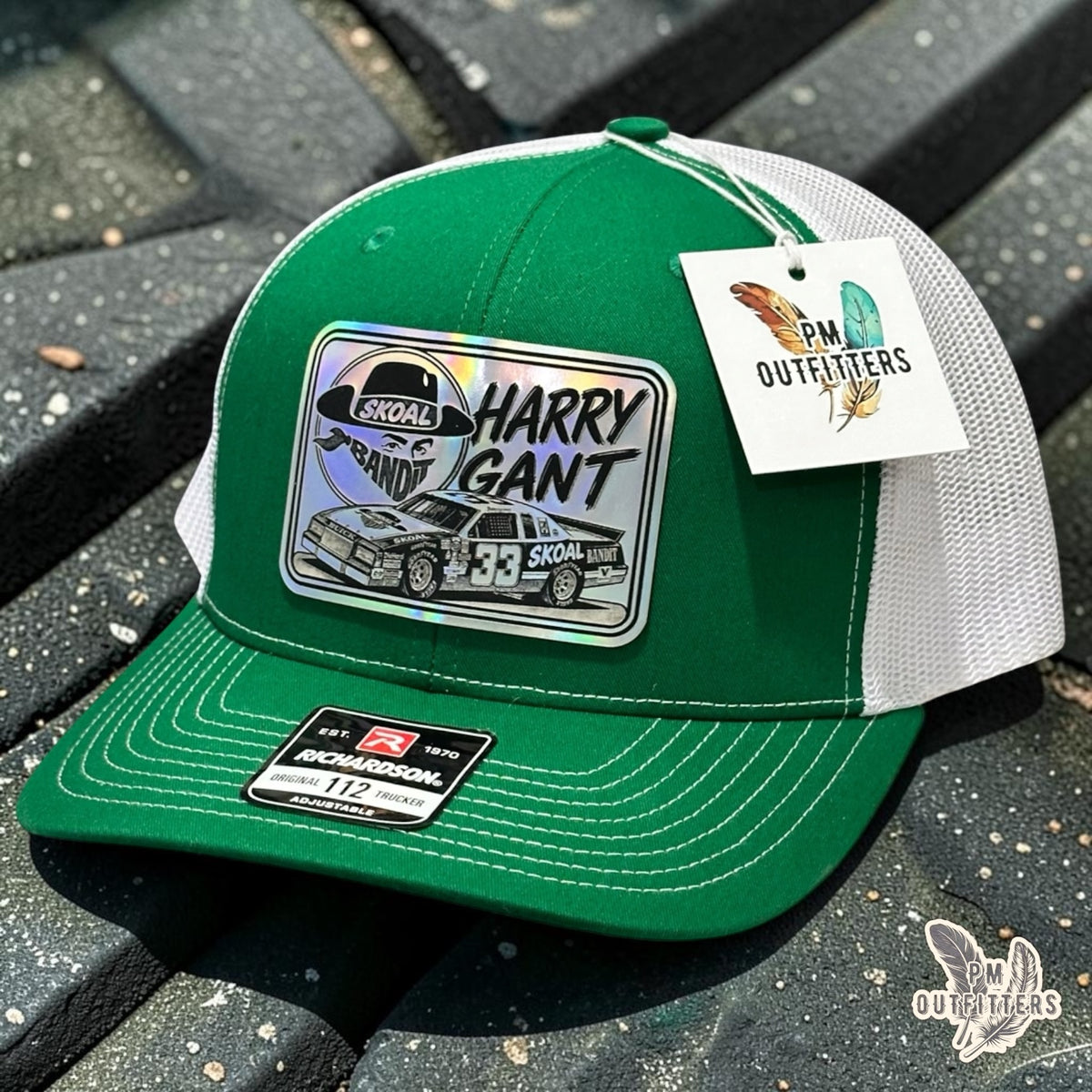PM Outfitters Harry Gant Skoal Bandit Racing trucker hat green white Richardson 112 holographic vegan leather patch