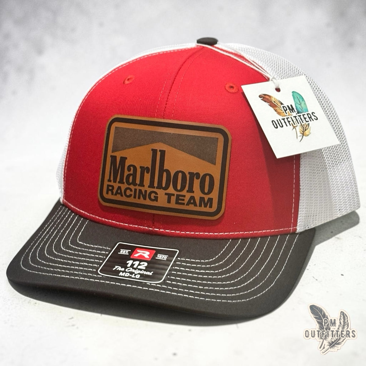 PM Outfitters Marlboro Racing Team trucker hat red black white Richardson 112 tan vegan leather patch