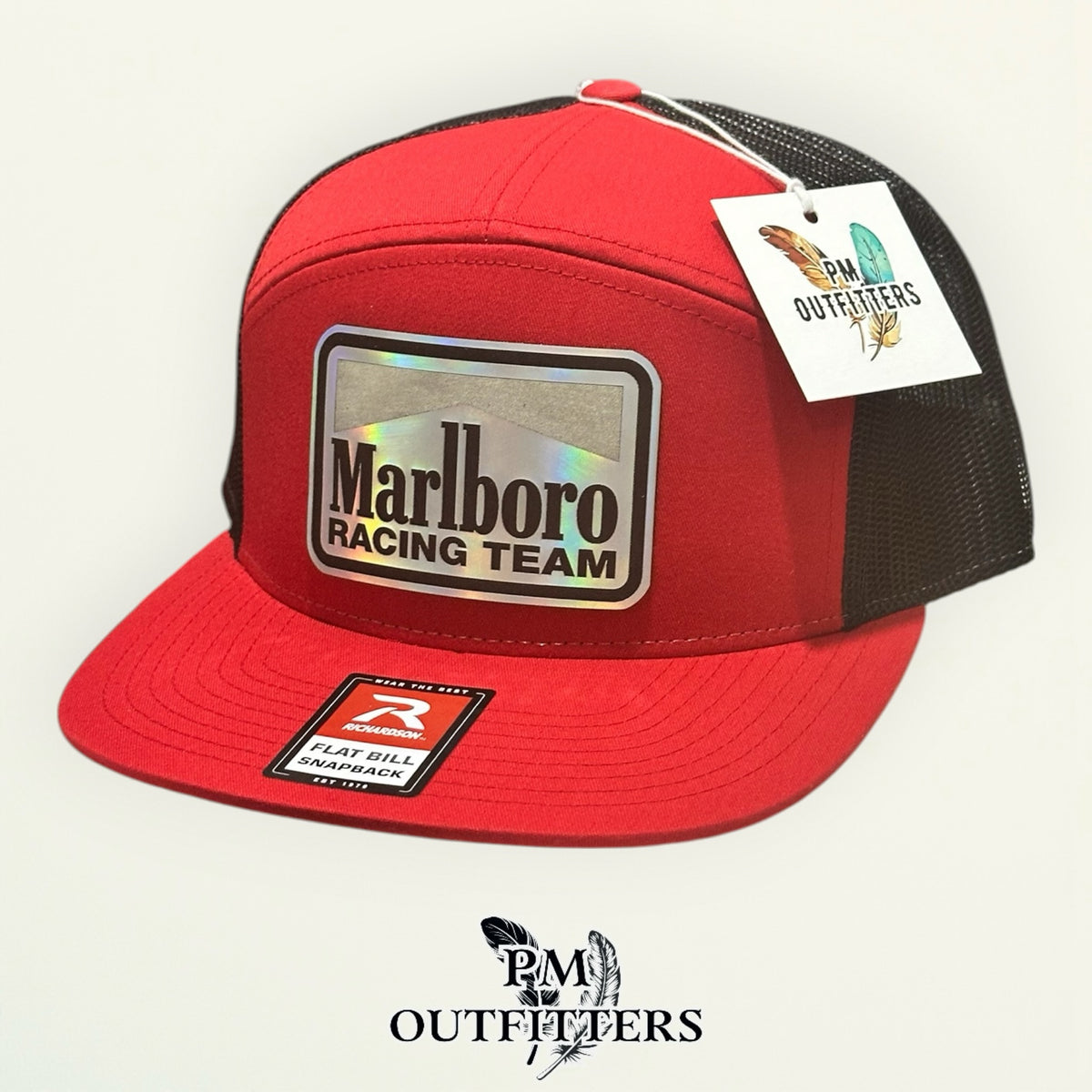 Marlboro Racing Team red black Richardson 168 flat bill hat with holographic vegan leather patch, fourth rotated angle view