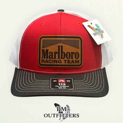 Marlboro Racing Team tan vegan leather patch detail on red trucker hat