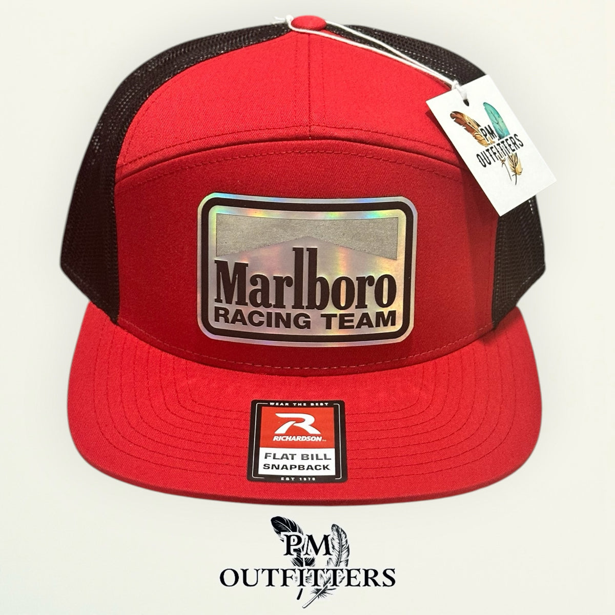 Marlboro Racing Team red black Richardson 168 flat bill hat with holographic vegan leather patch, second rotated angle view