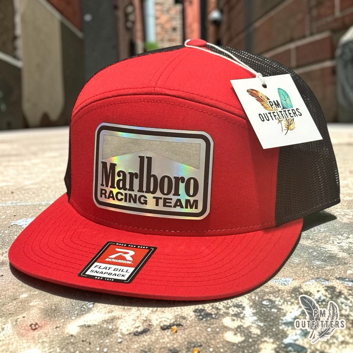PM Outfitters Marlboro Racing Team hat red black Richardson 168 7-panel flat bill holographic vegan leather patch