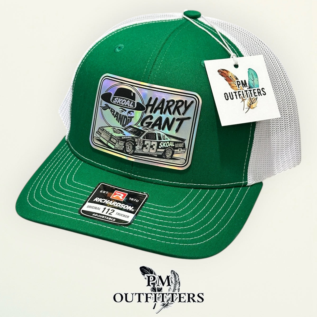 PM Outfitters hang tag Harry Gant Skoal Bandit Racing green white trucker hat