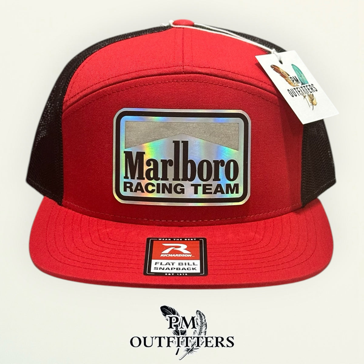 Marlboro Racing Team red black Richardson 168 flat bill hat with holographic vegan leather patch, rotated angle view