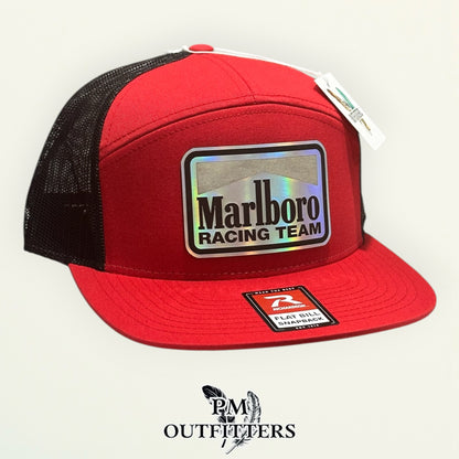 Marlboro Racing Team red black Richardson 168 flat bill hat with holographic vegan leather patch, third rotated angle view
