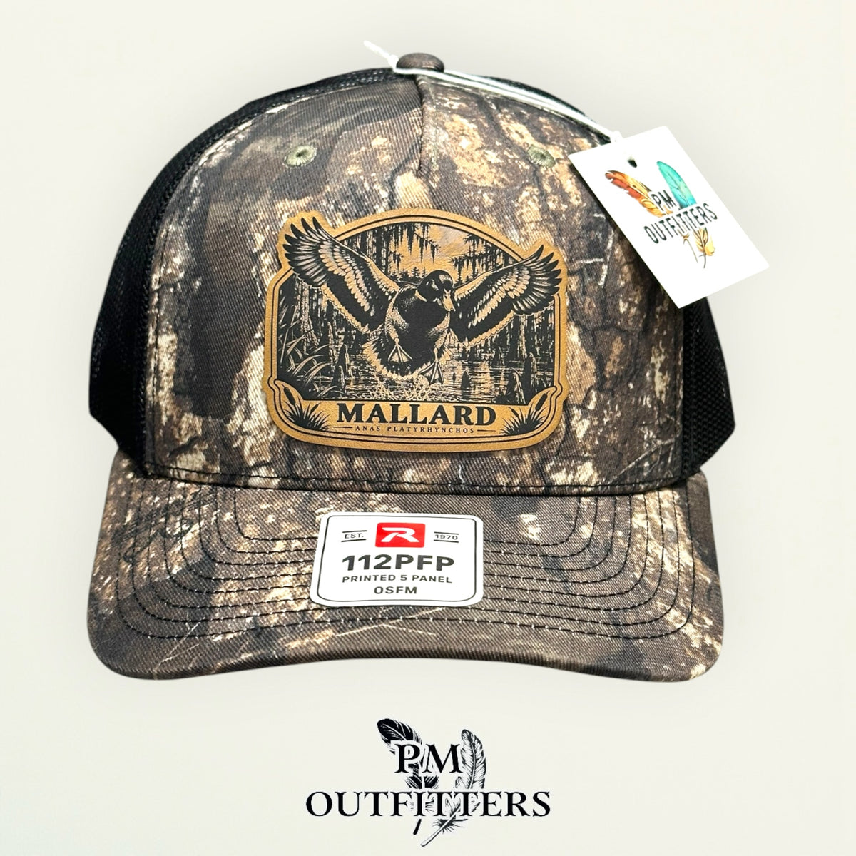 Mallard species patch Richardson 112PFP Realtree Timber camo duck hunting hat – straight front view