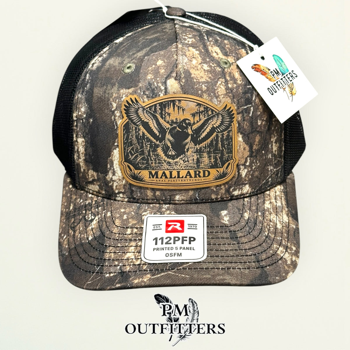 Mallard duck hunting leather patch Richardson 112PFP Realtree Timber camo hat – front view