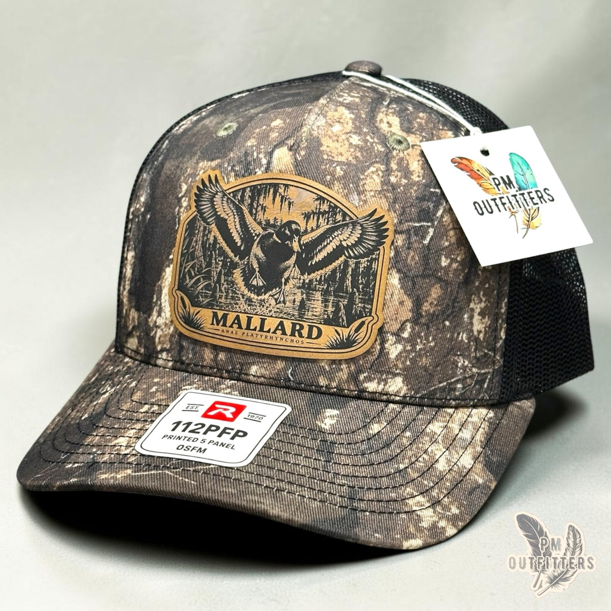 Mallard duck leather patch hat on Richardson 112PFP Realtree Timber camo – angled front view