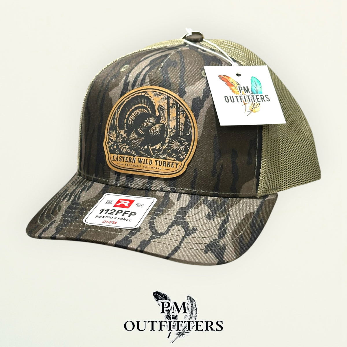 PM Outfitters Eastern Wild Turkey Richardson 112PFP Mossy Oak Bottomland camo hat – right angle