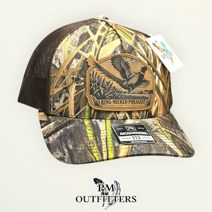 Ring-necked Pheasant leather patch Habitat camo trucker hat – left angle
