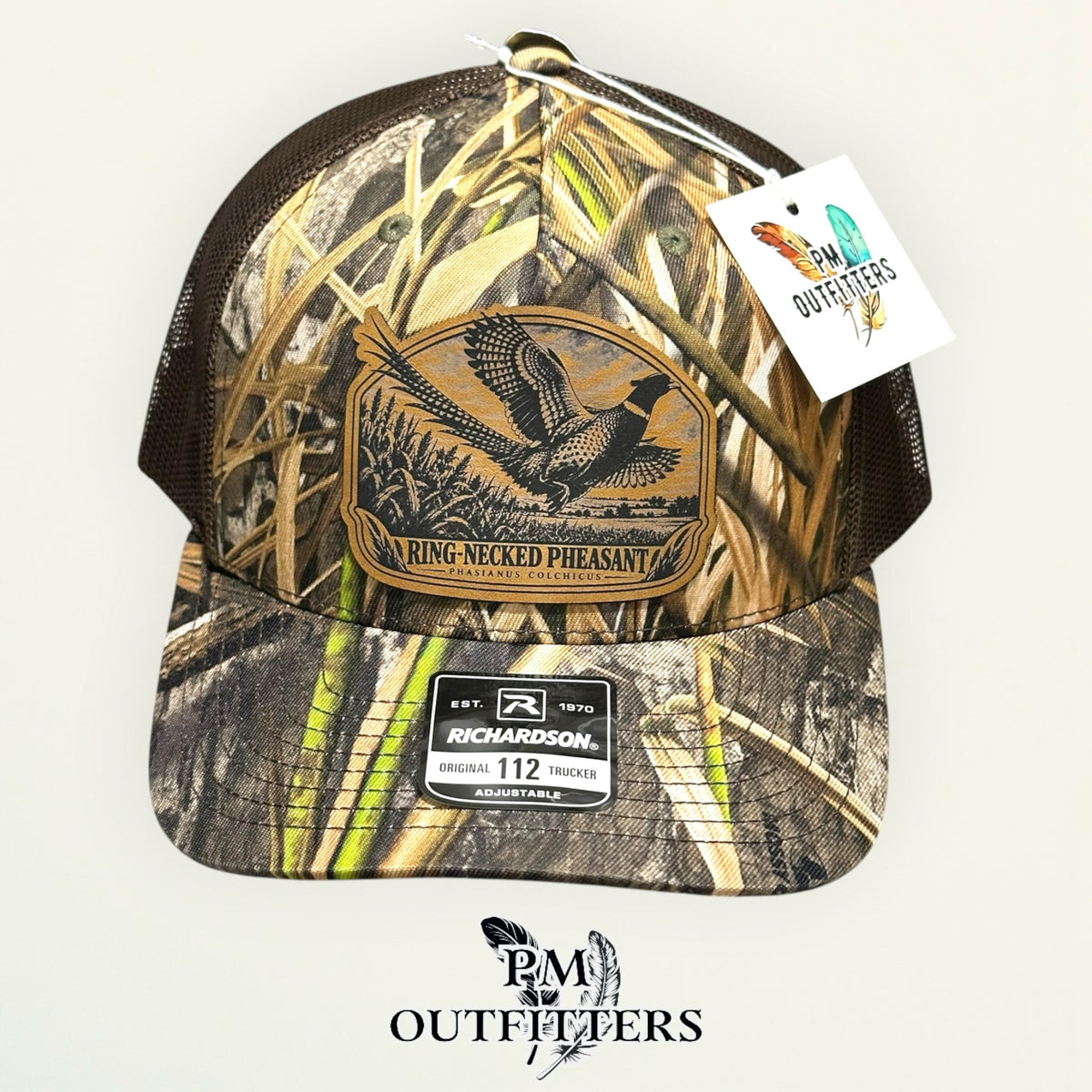 Ring-necked Pheasant hunting leather patch Richardson 112 Habitat camo hat – front view
