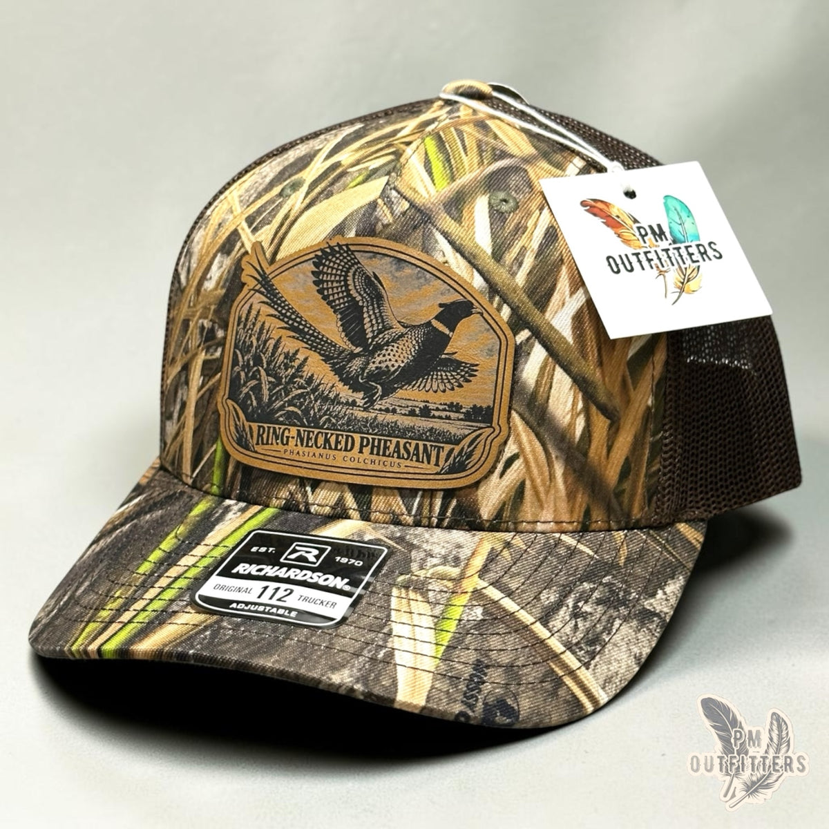 Ring-necked Pheasant leather patch hat on Richardson 112 Habitat camo – angled front view