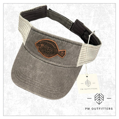 Flounder laser-engraved patch on charcoal and stone pigment-dyed trucker visor