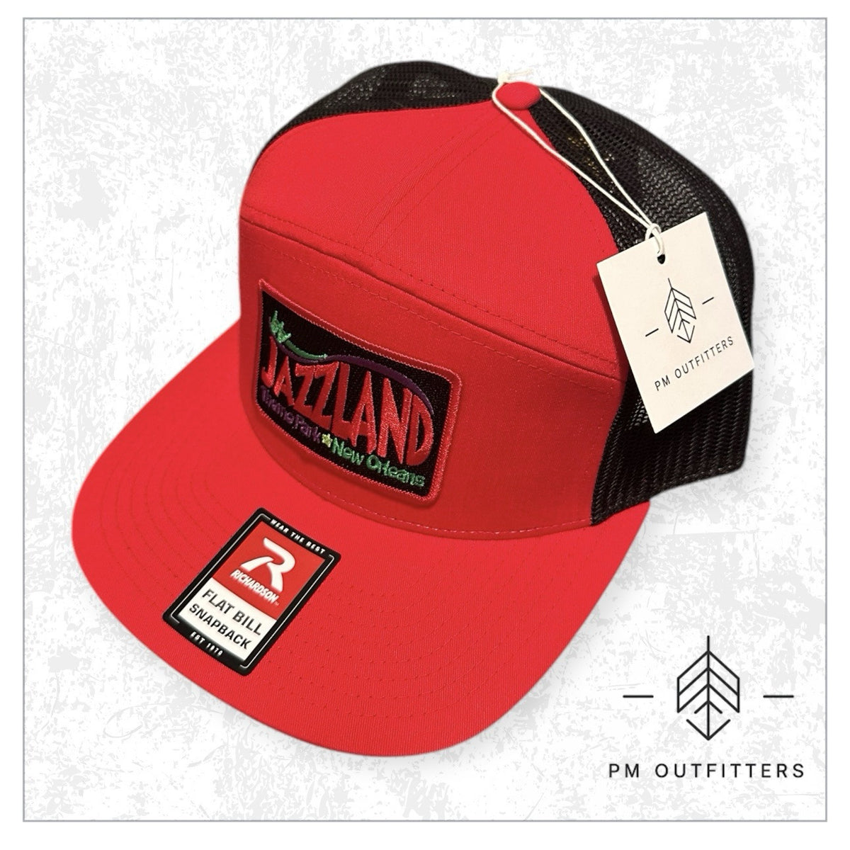Jazzland New Orleans retro theme park patch on Richardson 168 seven-panel trucker hat