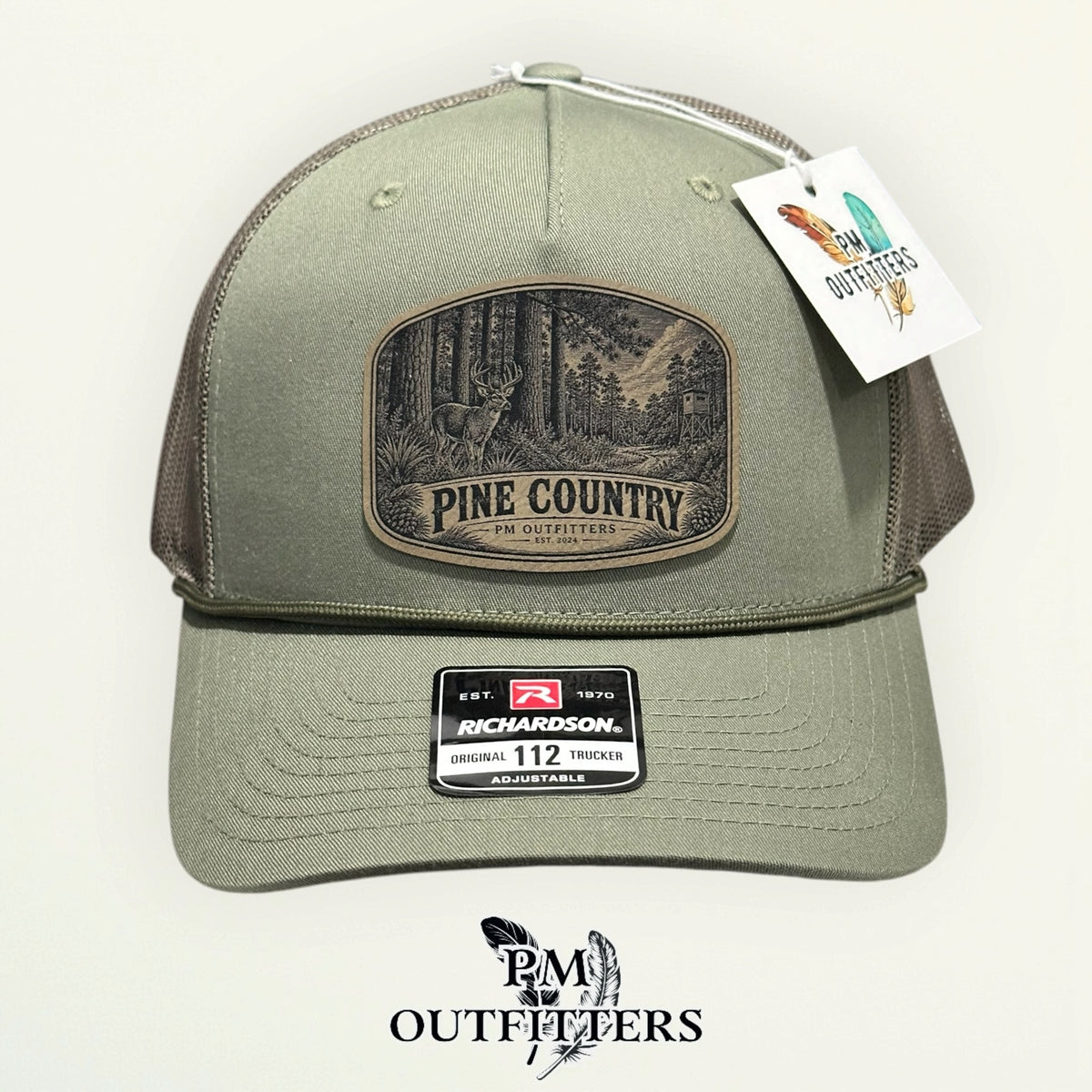 Pine Country Richardson 112FPR Loden/Loden rope trucker with engraved natural tan vegan leather product angle 1