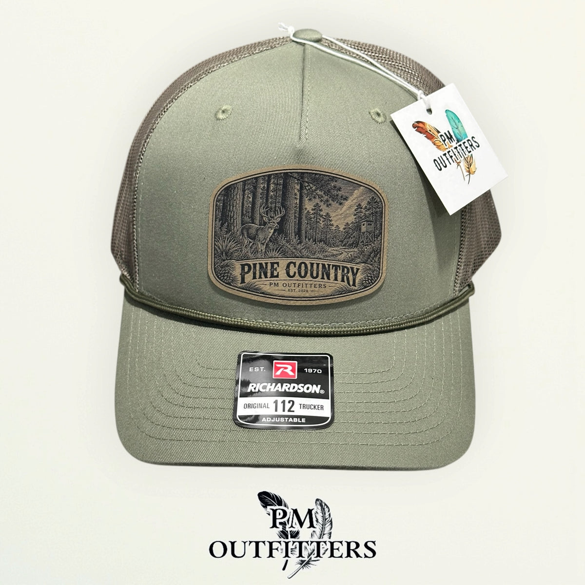 Pine Country Richardson 112FPR Loden/Loden rope trucker with engraved natural tan vegan leather product angle 2