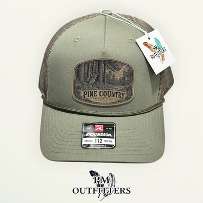 Pine Country Richardson 112FPR Loden/Loden rope trucker with engraved natural tan vegan leather product angle 2