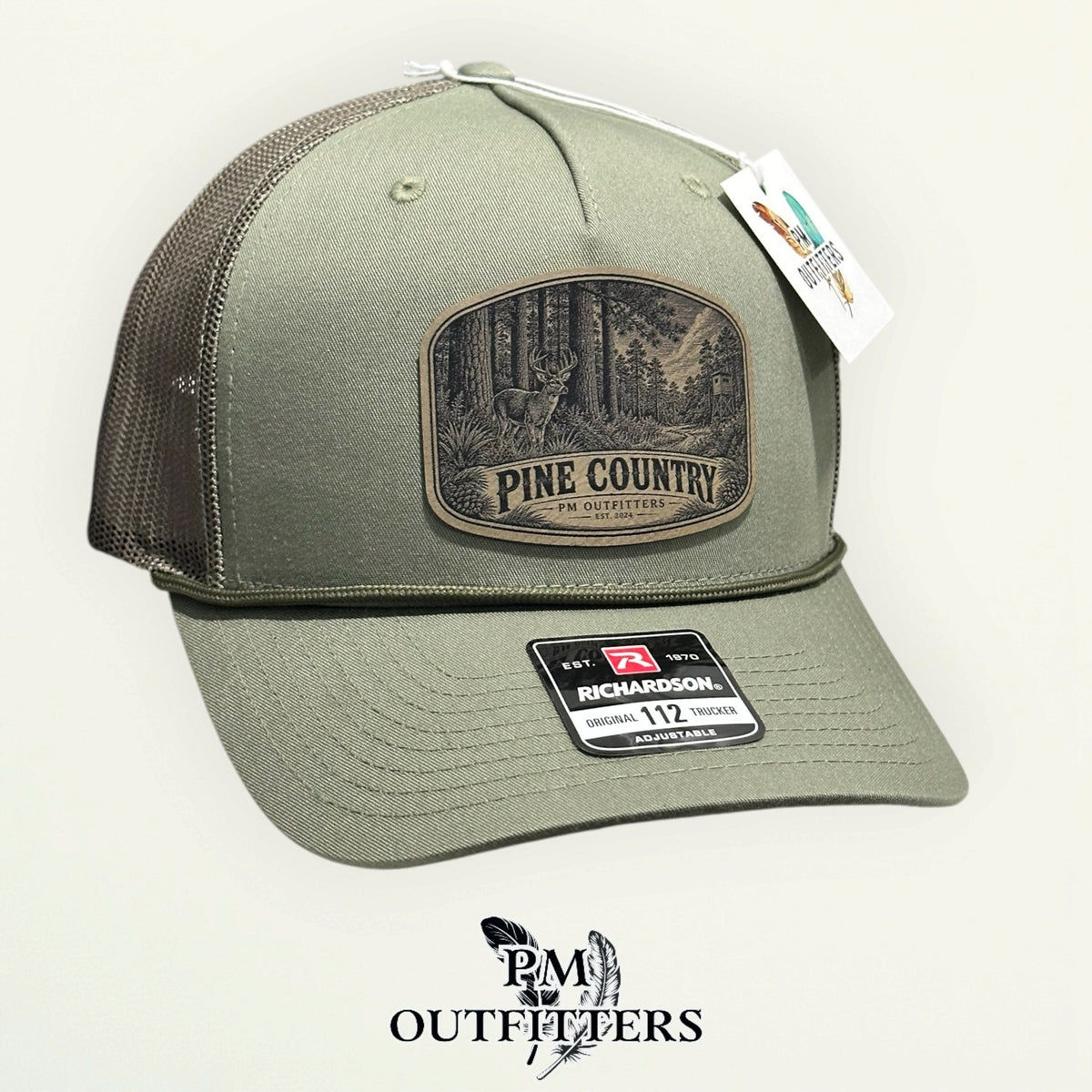 Pine Country Richardson 112FPR Loden/Loden rope trucker with engraved natural tan vegan leather product angle 3