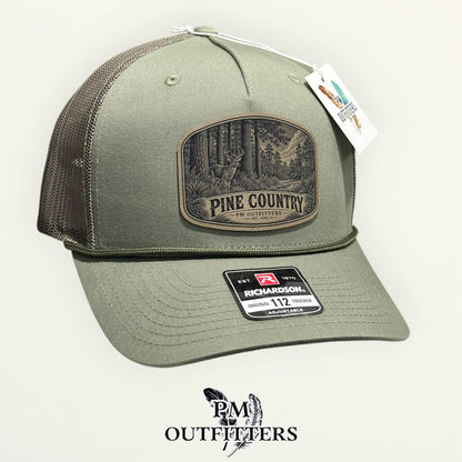 Pine Country Richardson 112FPR Loden/Loden rope trucker with engraved natural tan vegan leather product angle 3