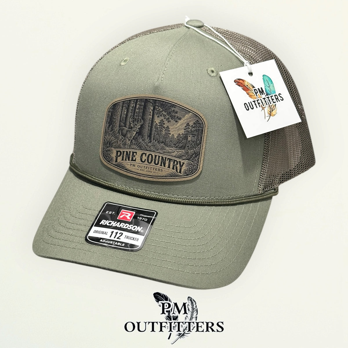 Pine Country Richardson 112FPR Loden/Loden rope trucker with engraved natural tan vegan leather product angle 5