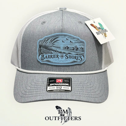 Barrier Shores Richardson 112FPR Heather Grey/White/White rope trucker with engraved coastal-blue vegan leather product angle 1