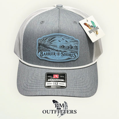 Barrier Shores Richardson 112FPR Heather Grey/White/White rope trucker with engraved coastal-blue vegan leather product angle 2