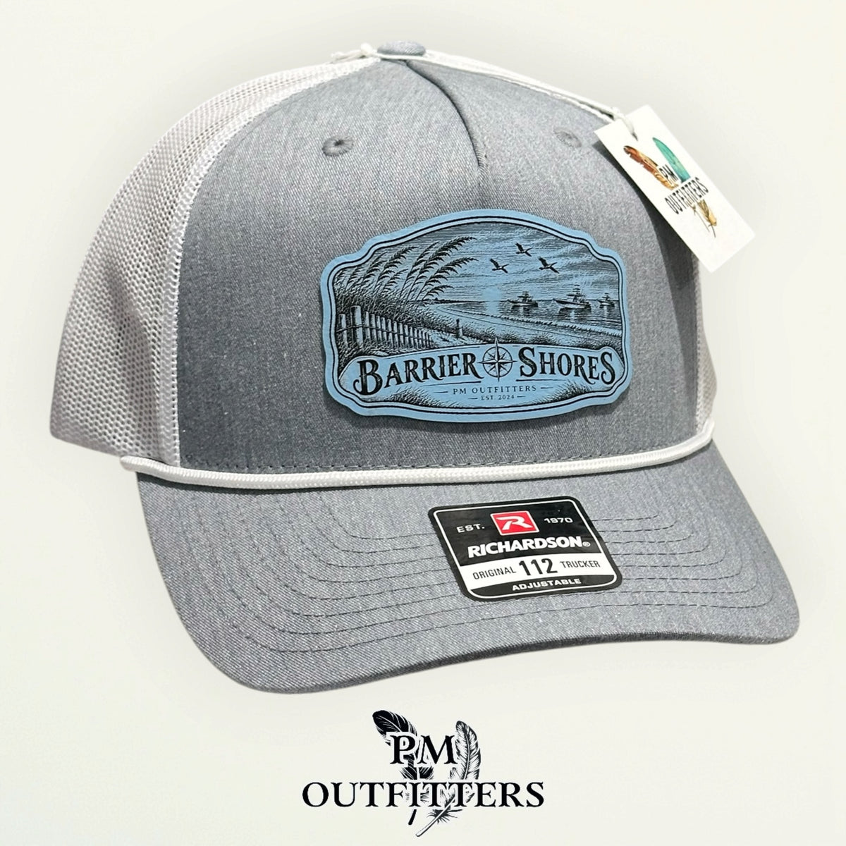 Barrier Shores Richardson 112FPR Heather Grey/White/White rope trucker with engraved coastal-blue vegan leather product angle 3
