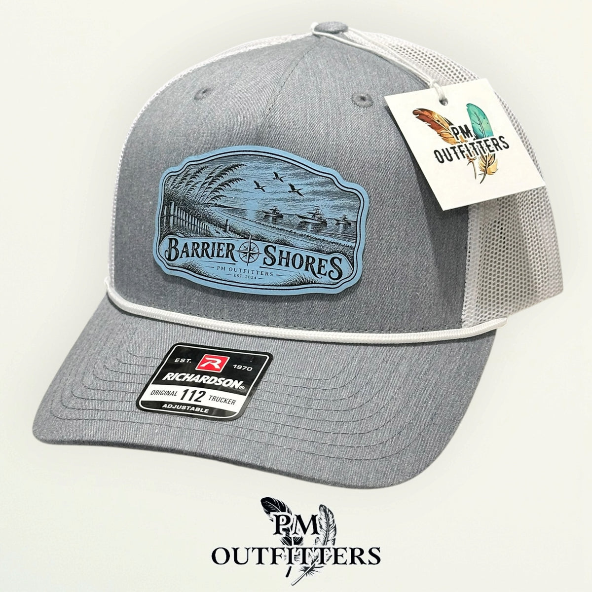 Barrier Shores Richardson 112FPR Heather Grey/White/White rope trucker with engraved coastal-blue vegan leather product angle 4