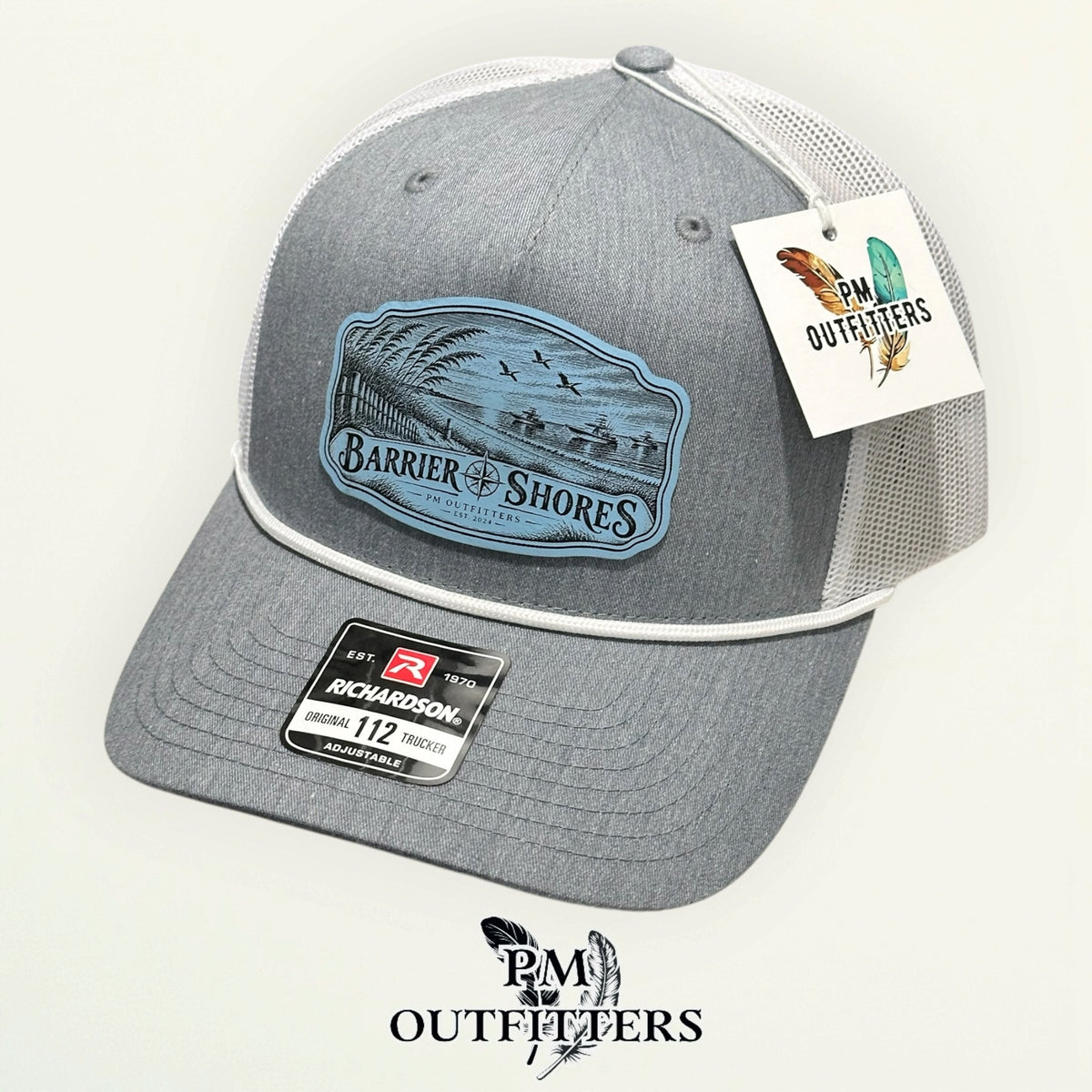 Barrier Shores Richardson 112FPR Heather Grey/White/White rope trucker with engraved coastal-blue vegan leather product angle 5