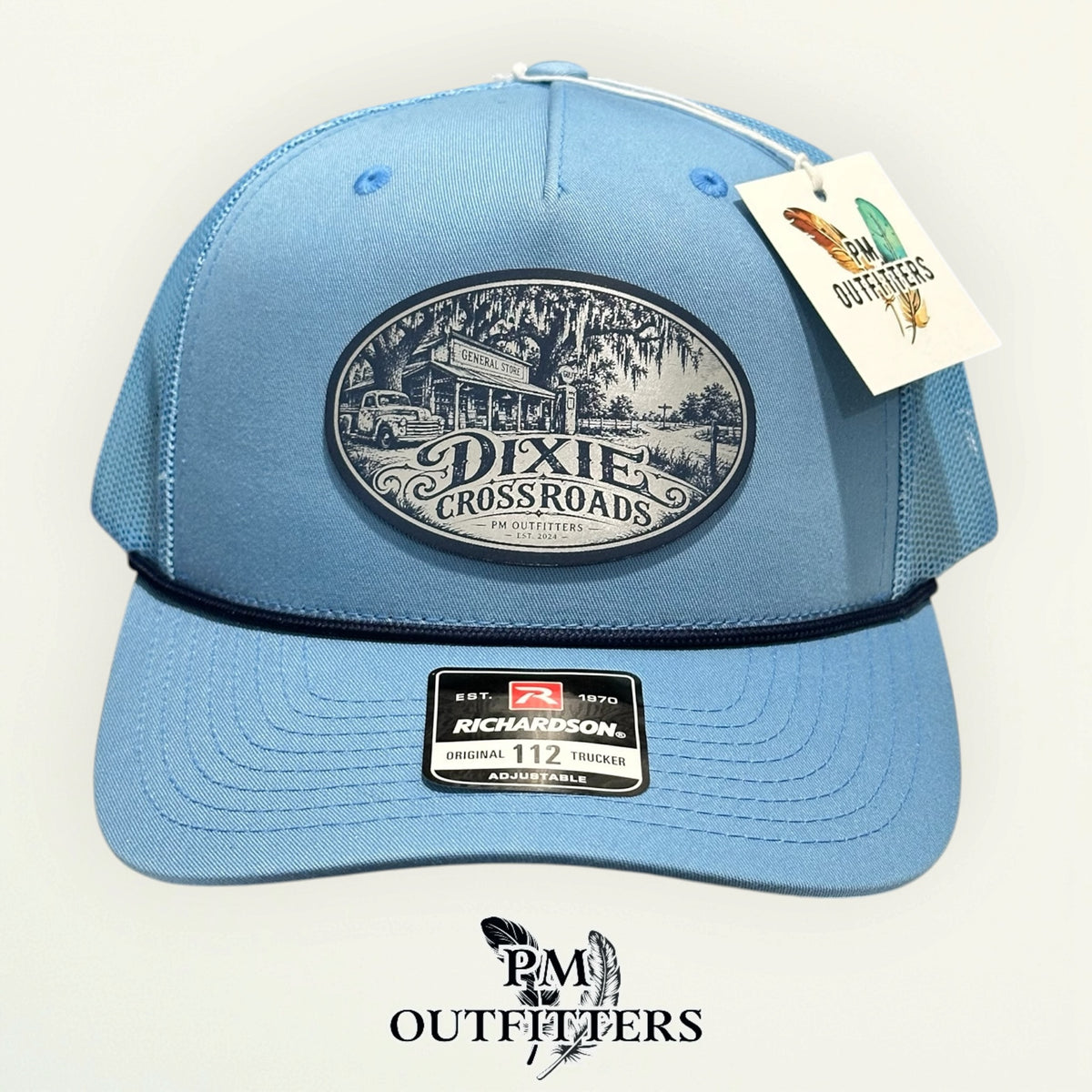 Dixie Crossroads Richardson 112FPR Columbia Blue/Navy rope trucker with engraved natural cream vegan leather product angle 1