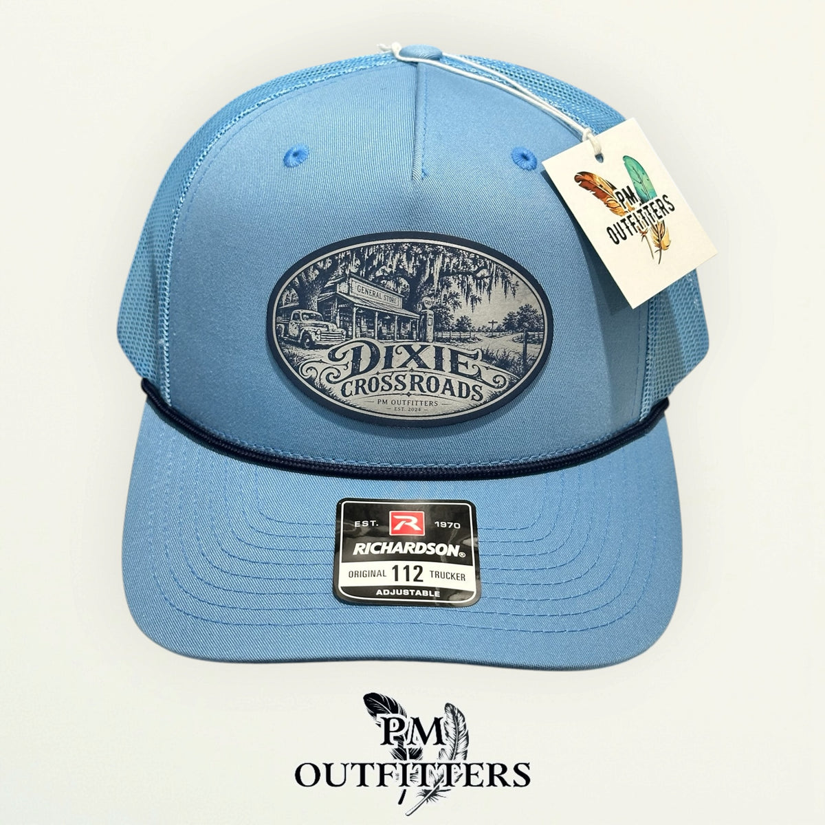 Dixie Crossroads Richardson 112FPR Columbia Blue/Navy rope trucker with engraved natural cream vegan leather product angle 2