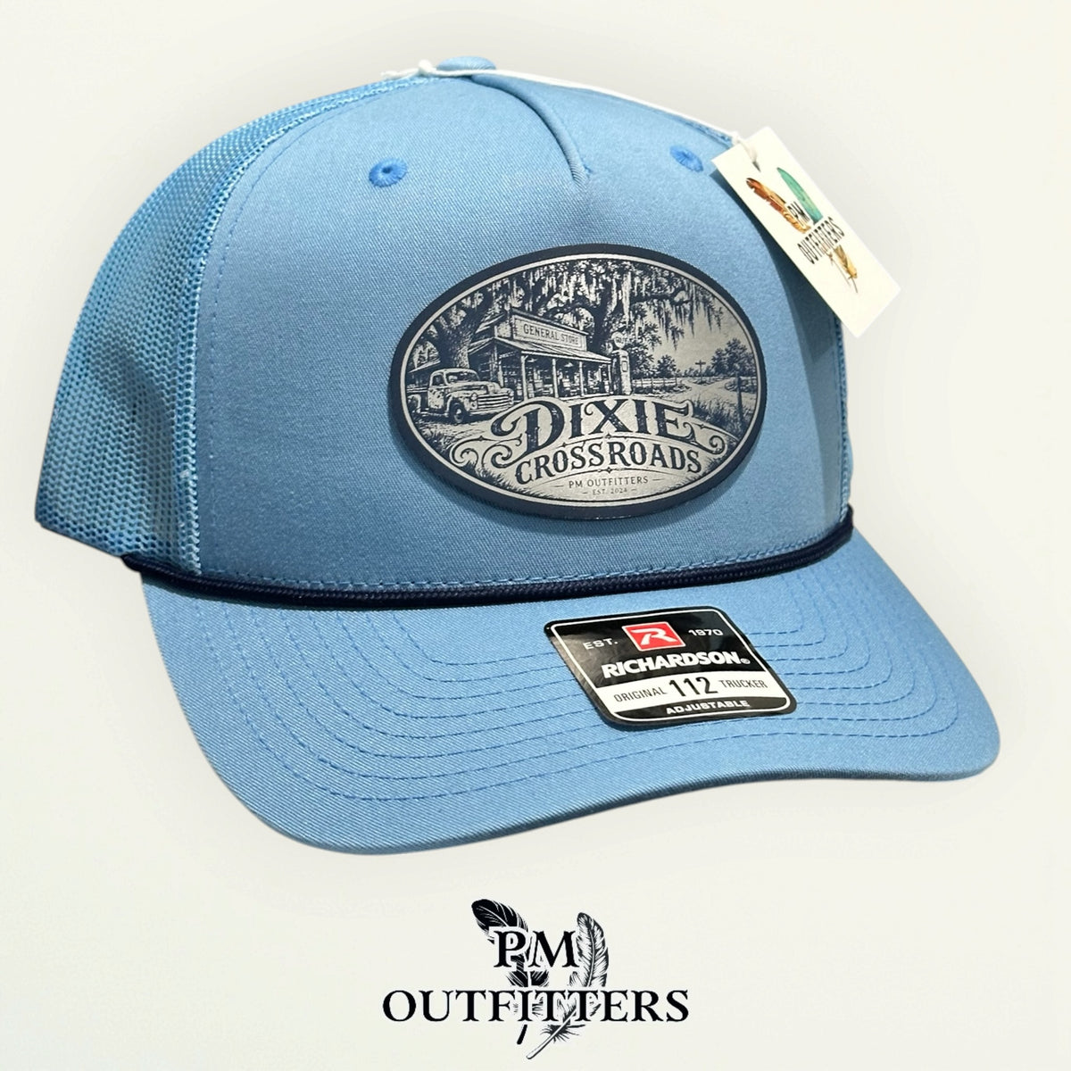 Dixie Crossroads Richardson 112FPR Columbia Blue/Navy rope trucker with engraved natural cream vegan leather product angle 3