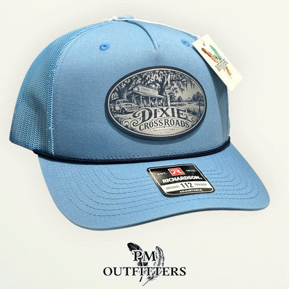 Dixie Crossroads Richardson 112FPR Columbia Blue/Navy rope trucker with engraved natural cream vegan leather product angle 3
