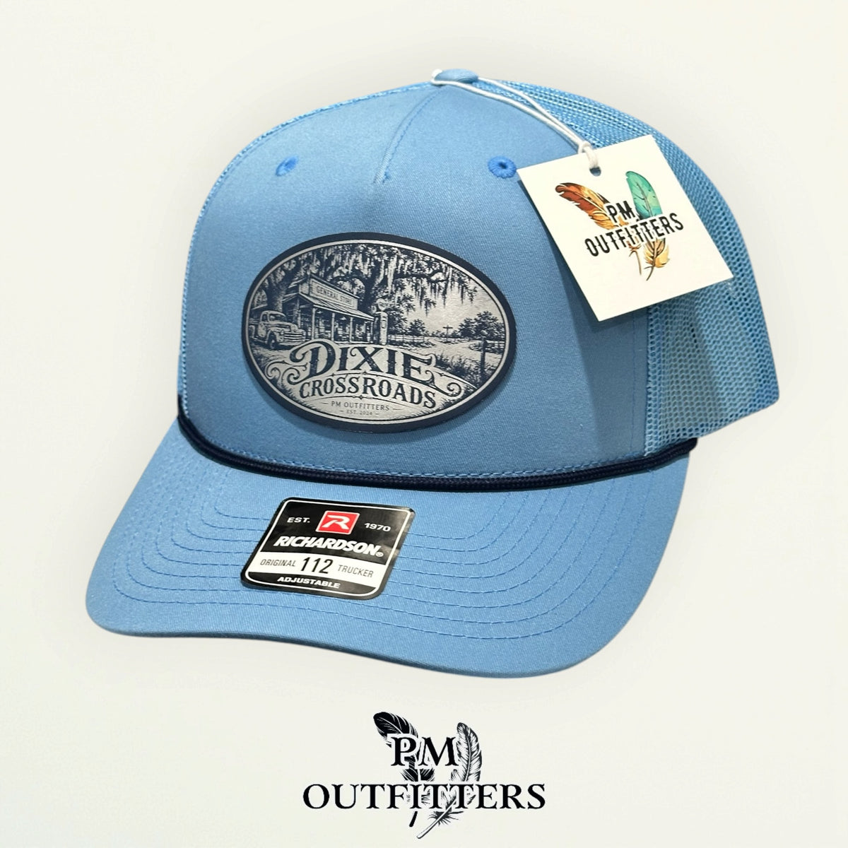 Dixie Crossroads Richardson 112FPR Columbia Blue/Navy rope trucker with engraved natural cream vegan leather product angle 4